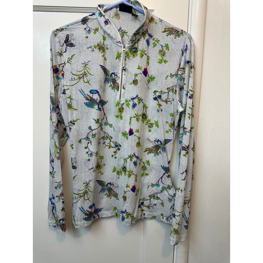 Chervo Womens Bird Floral Print Quarter Zip Golf Top White Blue Green Size 42 44